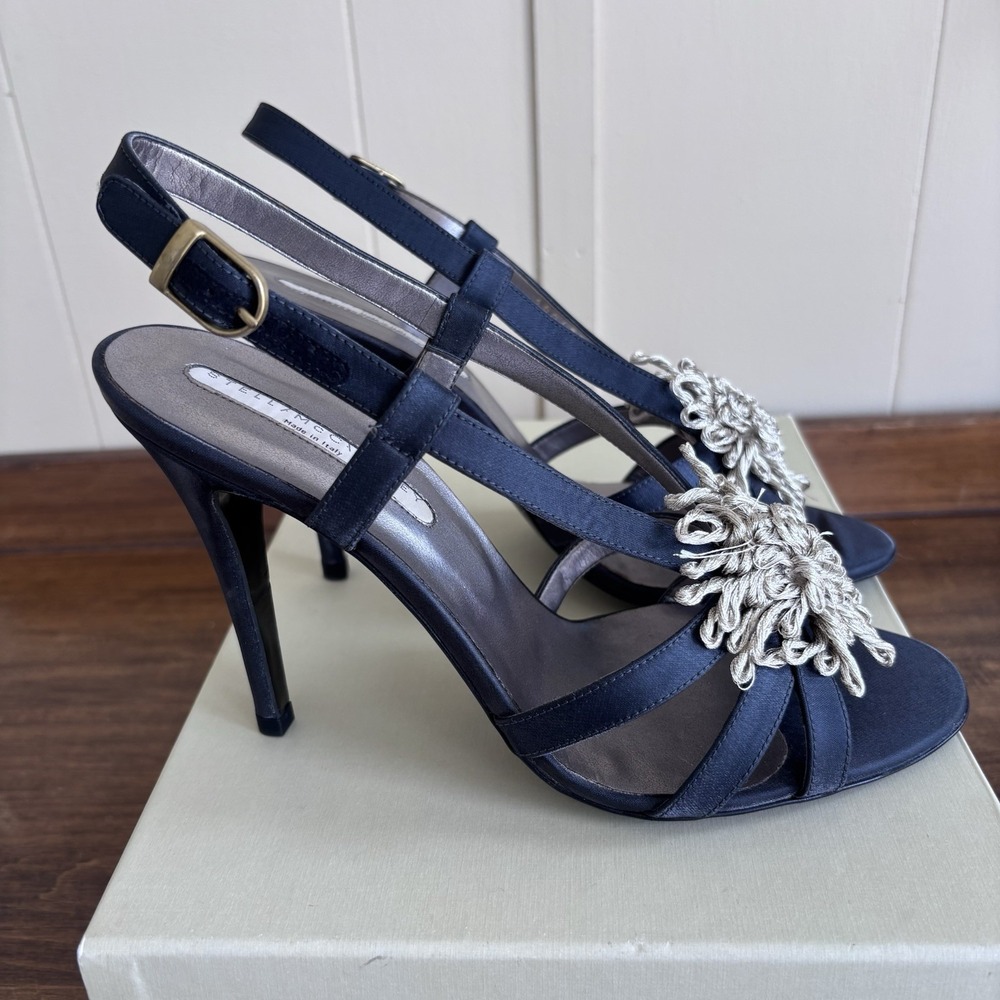 NEW Stella McCartney  Satin Black Size 38 US 7.5 Ankle Strap Silver Flower Heels